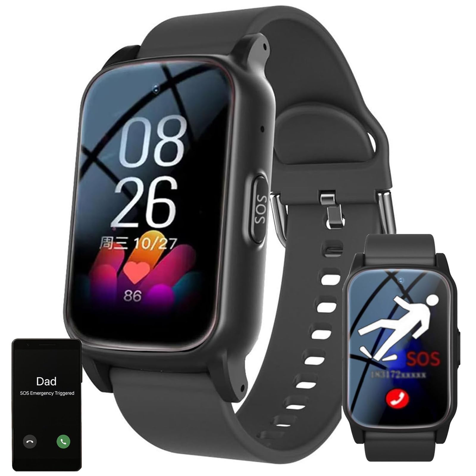 Reloj Anticaídas Para Personas Mayores, Botón De Emergencia SOS + Recordatorio De Caídas, Llamadas HD | Monitoreo De Salud | Posicionamiento Gps, Para Pacientes Con Alzheimer Y Demencia Black
