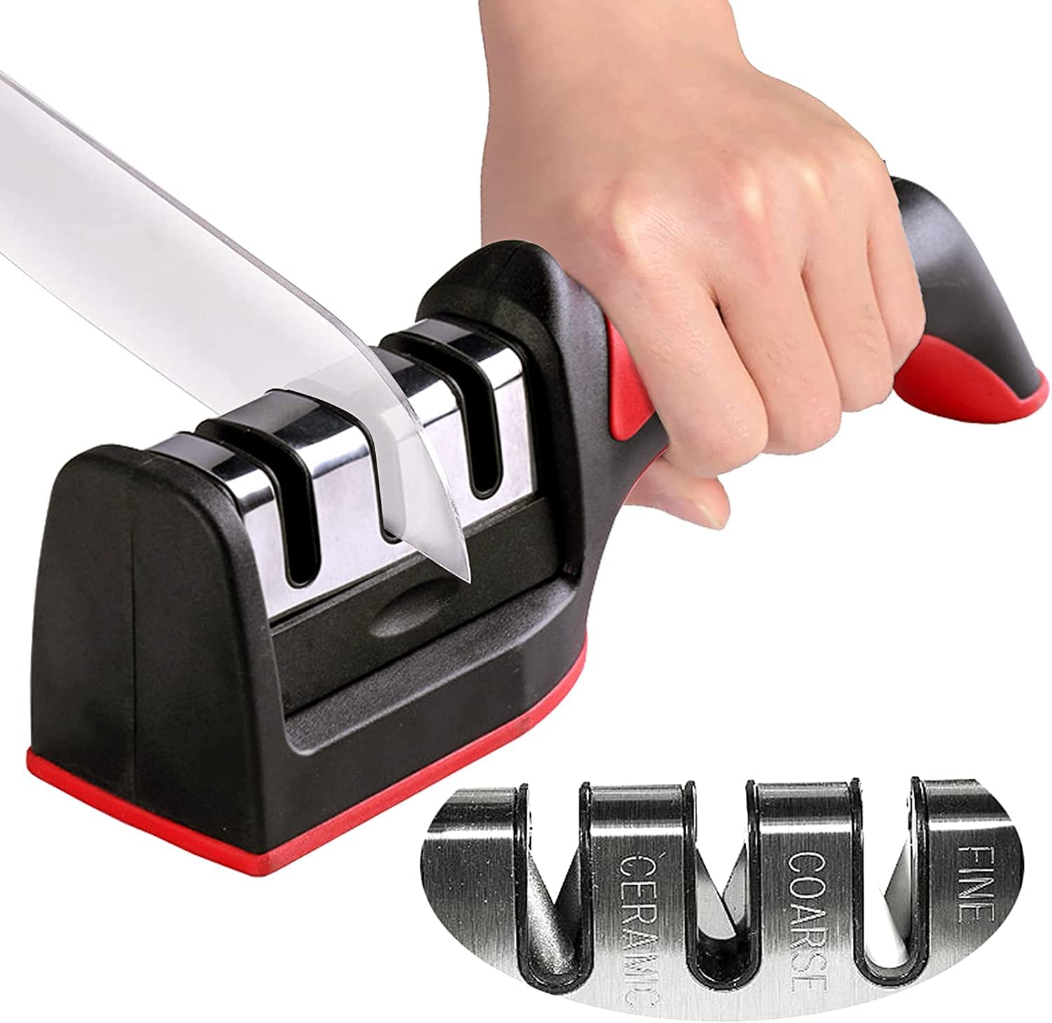 Manual Knife Sharpener Tool for Kitchen Knife Sharpeners, Professional 3 Stage Knife and Scissor Sharpener with Non-Slip Base and Ergonomic Design