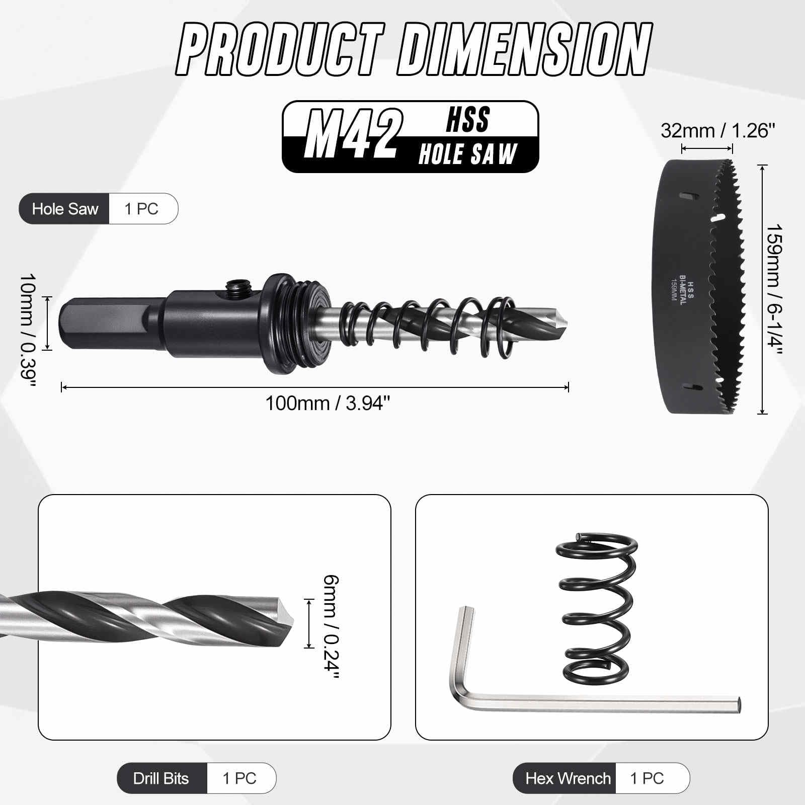CoCud 6-1/4"(159mm) Hole Saw, M42 Bi-Metal Hex Shank Hole Cutters Drill Bit with Spring - Image 2