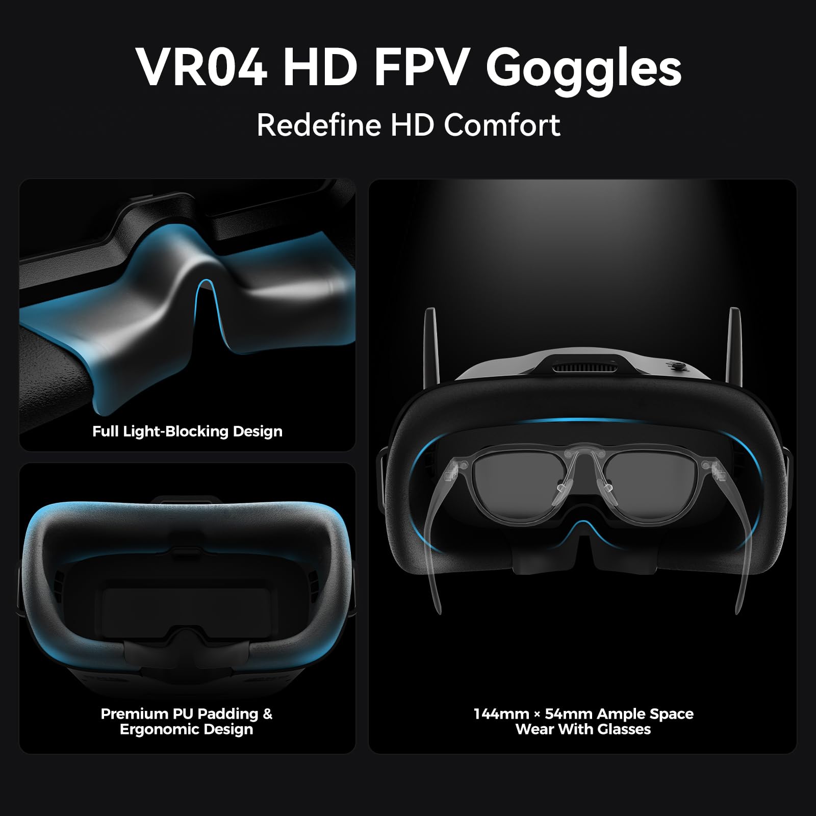 BETAFPV VR04 HD FPV Goggles with 1080P Resolution, 4.5'' Screen LCD, Micro SD Slot, 2 2600mAh Lipo Batteries Up to 3H, Adjustable Headband, Support Recording Replay Compatible for P1 Air Unit VTX