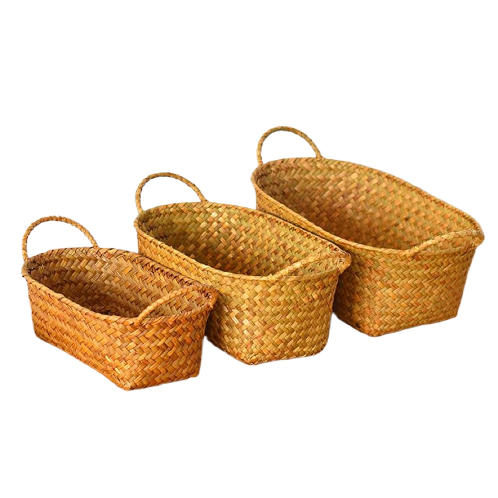 Bafnsiji 3-Piece Natural Woven Storage Baskets Set, Rectangular Rattan Baskets with Handles for Organizing, Farmhouse & Boho Style Home Organizer, Sizes 30cm/27cm/24cm