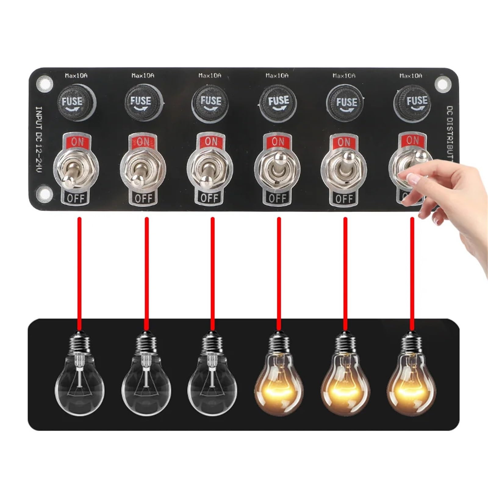 Panel de interruptores basculantes de 1/3/6 marchas for coche de s, control de arranque y parada, luz de palanca for RV, accesorios marinos for barco con fusible de 10 A, 12 V y 24 V(6 Rocker)