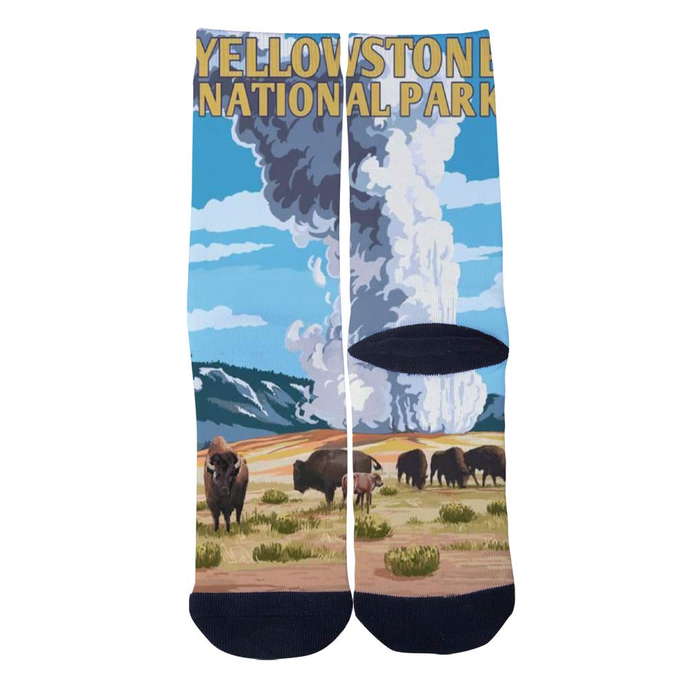Yellowstone National Park Old Faithful Geyser and Bison Herd Socks Men's Women's Casual Socks Custom Creative Crew Socks