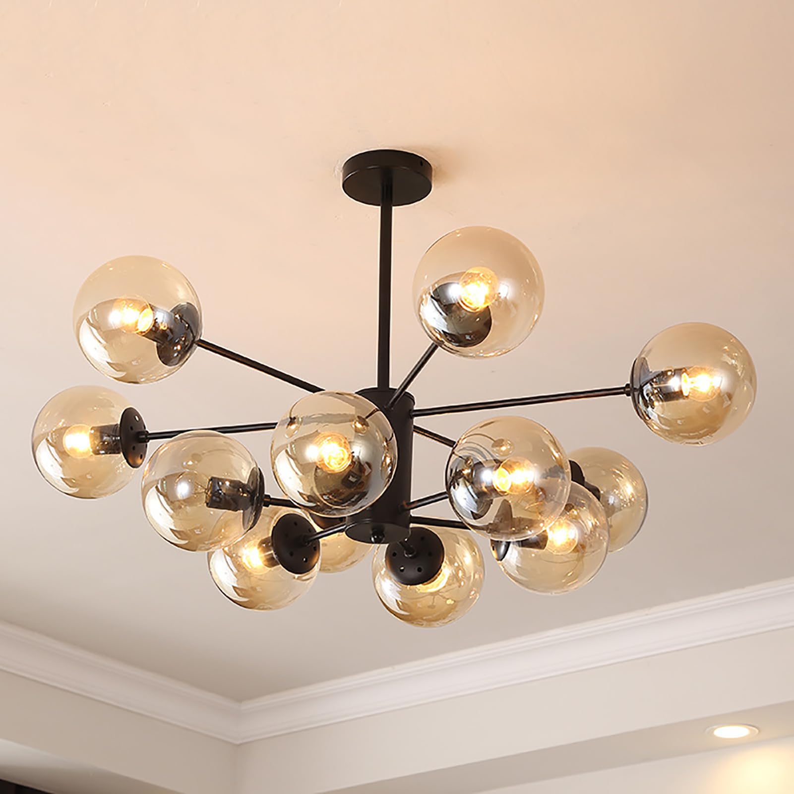 ksxnkhk Mid Century Modern Chandelier, Glass Linear Pendant Light Dimmable Light Fixture, Decorative Globe Ceiling Light for Dining Room, Bedroom, Kitchen, Easy Installation(12 Heads, Black + Brown)