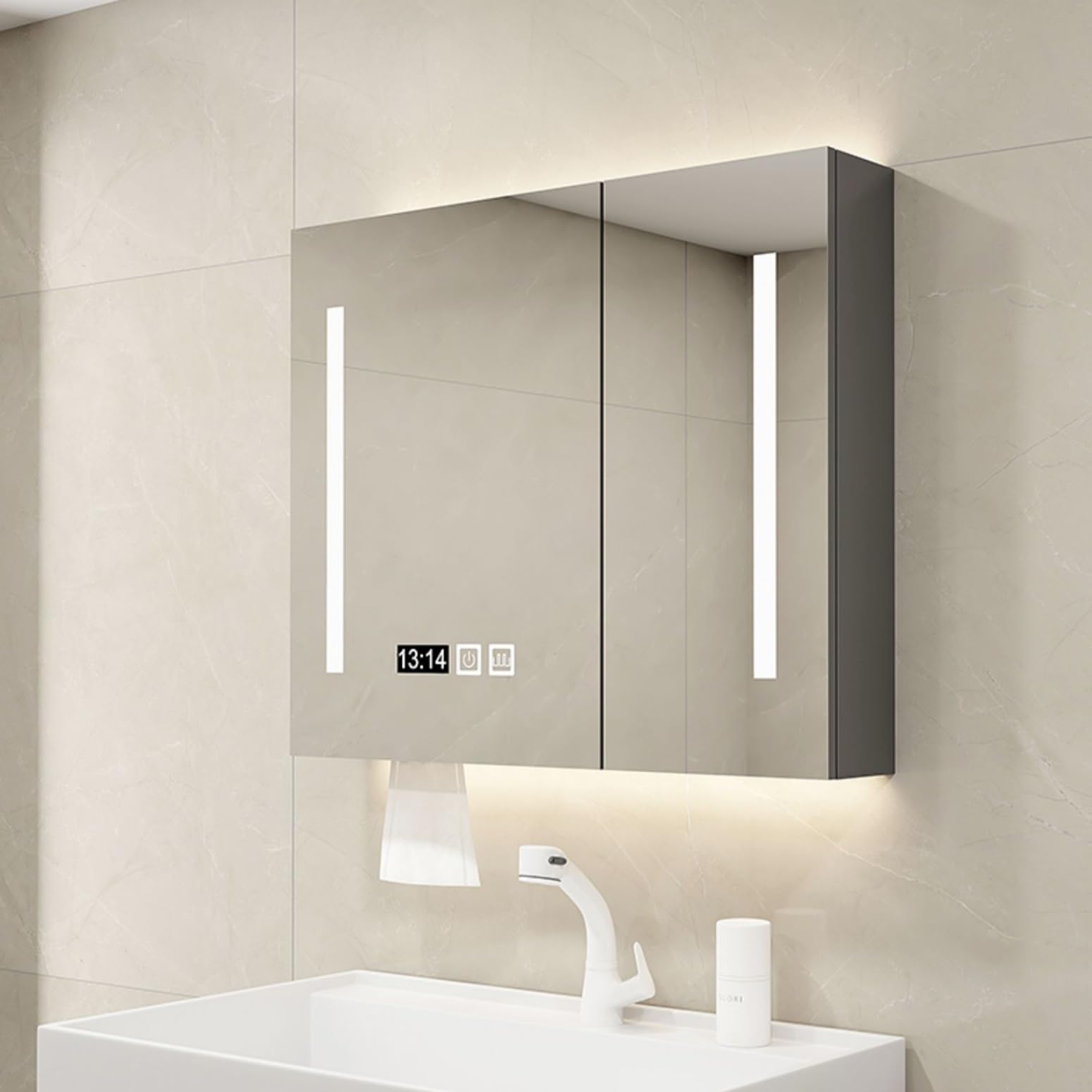 Mobiletto per medicinali con Luce LED per Il Bagno, Contenitore sopra Il WC, Bianco Crema, Design Moderno, Perfetto per Lavanderia e Cucina.