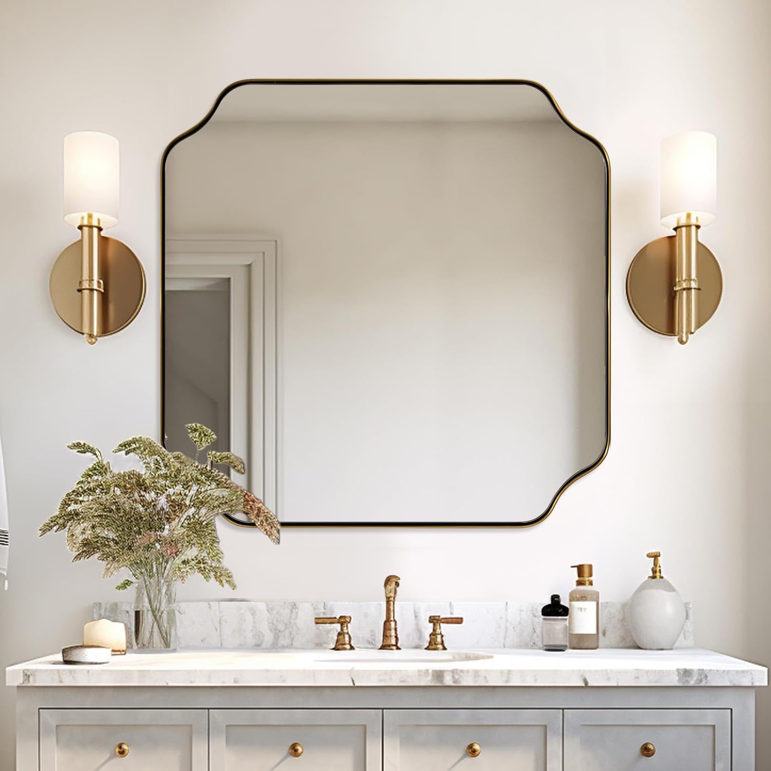 Photo 1 of ANDY STAR 36"x48" Large Gold Mirror, Brushed Brass Rectangle Bathroom Mirror, Scalloped Vanity Mirror in Anti-Rust Stainless Steel 1’’ Frame, Unique Notched Corner Mirror, Ideal for Home Remodel