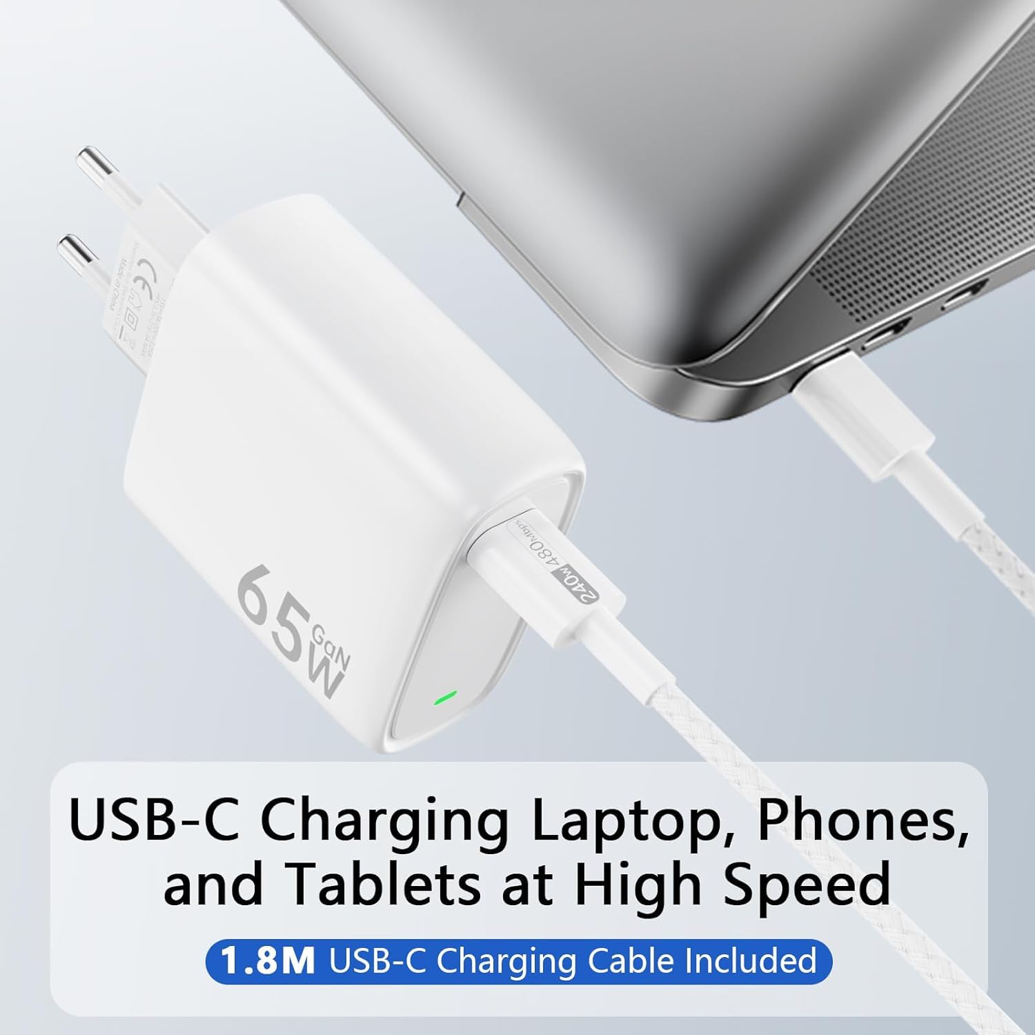 NEWlNCON Caricatore Veloce USB C 65W GaN+, PPS Ricarica Veloce con Cavo Intrecciato 1.8M per MacBook Pro/Air, iPhone 16/15/Pro, iPad Pro/Air, Samsung S24/23Ultra, Pixel 8/7 e altro ancora