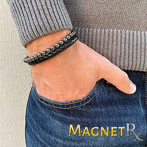 MagnetRX® Hematite & Leather Magnetic Bracelet – Max Strength Natural Stones – Beaded Magnetic Hematite Bracelets (Medium) - Image 4