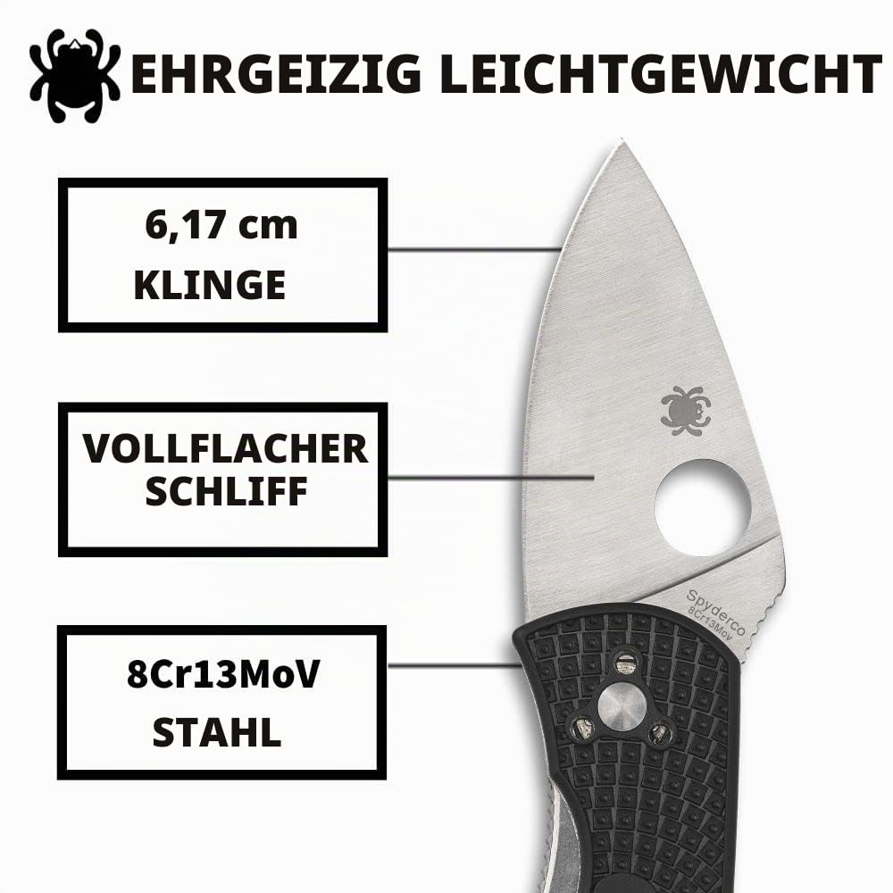 Spyderco Ambitious C148PBK Taschenmesser, leicht, klappbar, mit 6,1 cm Edelstahlklinge und FRN-Griff, PlainEdge