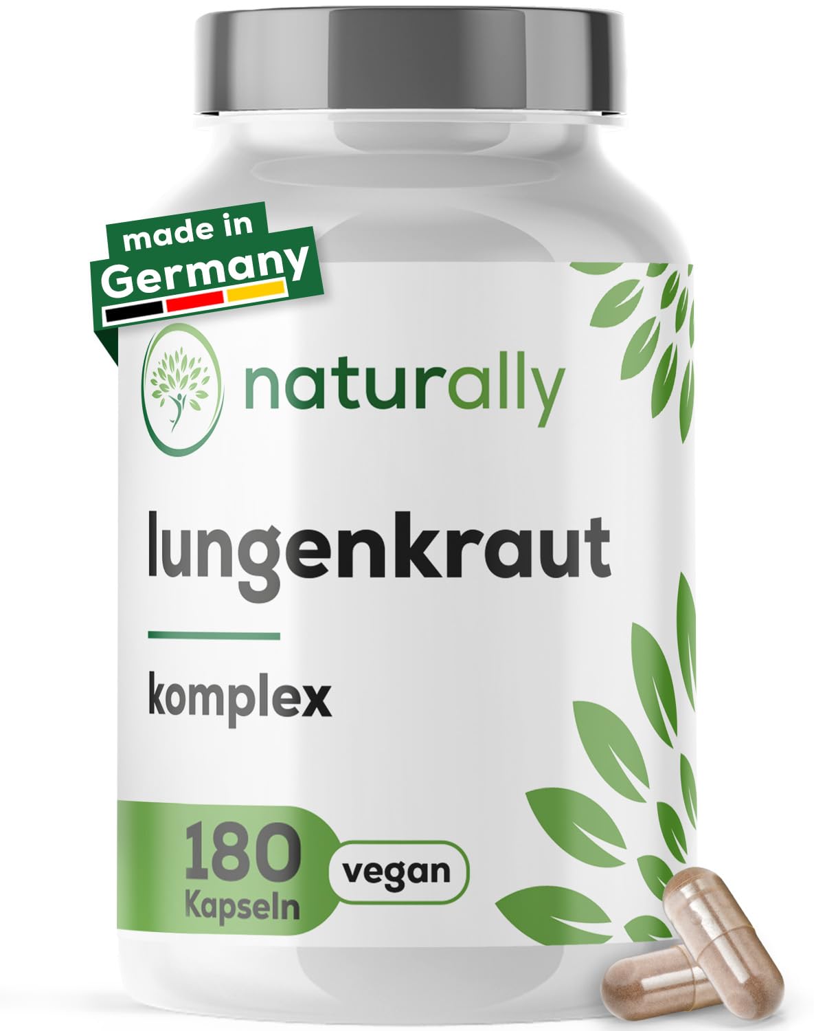 naturally Lungenkraut Kapseln hochdosiert – Komplex mit Thymian, Eukalyptus | Vitamin B2 für normale Schleimhäute, 5 Kräuter mit Ingwer & Malve, 180 Kapseln, vegan, ohne Zusätze, Made in Germany
