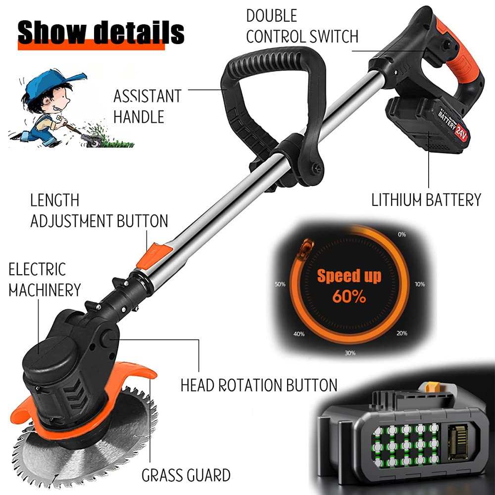 Desbrozadora de batería multifunción 3 en 1 con cortadora de césped eléctrica con desbrozadora Cortacésped Manual con Cabezal Ajustable y Mango telescópico para jardín, césped,21v Black Orange