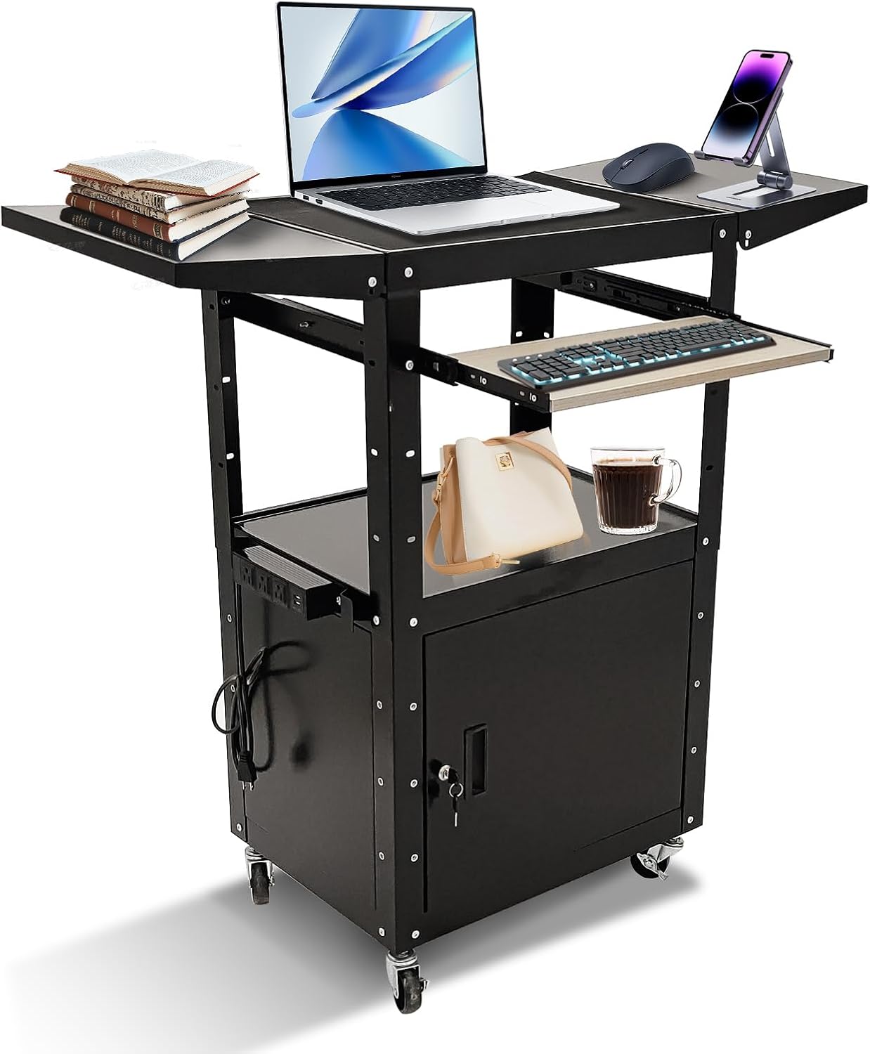 AV Cart, Steel AV Cart with Locking Cabinet and Pullout Keyboard Tray, Adjustable-Height Rolling Media Cart with Wheels & Power (43”x18”x43”)