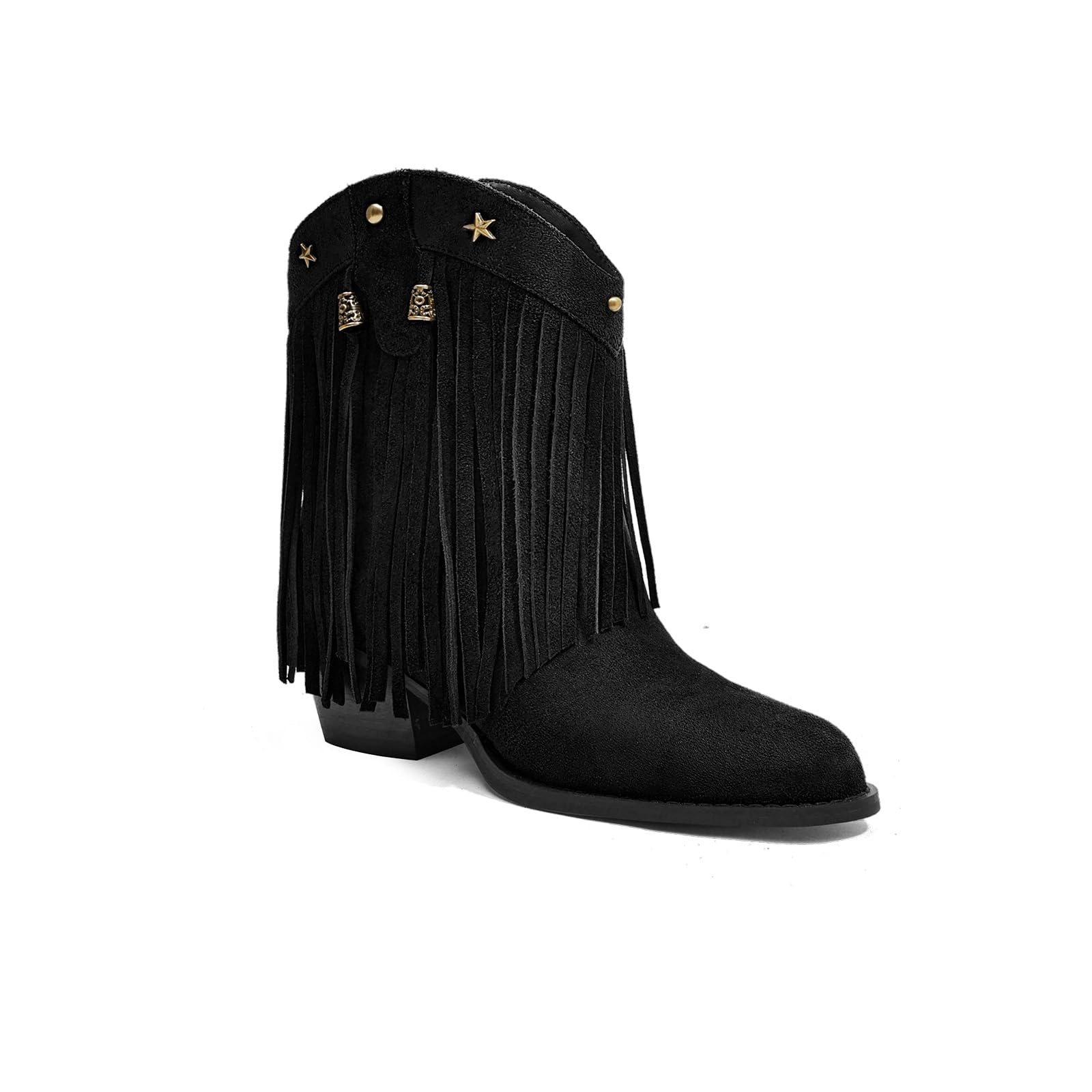 Western Boots for Women Cowboy Ankle Booties with Double Layer Fringe Star Studs Low Block Heel 5cm 2