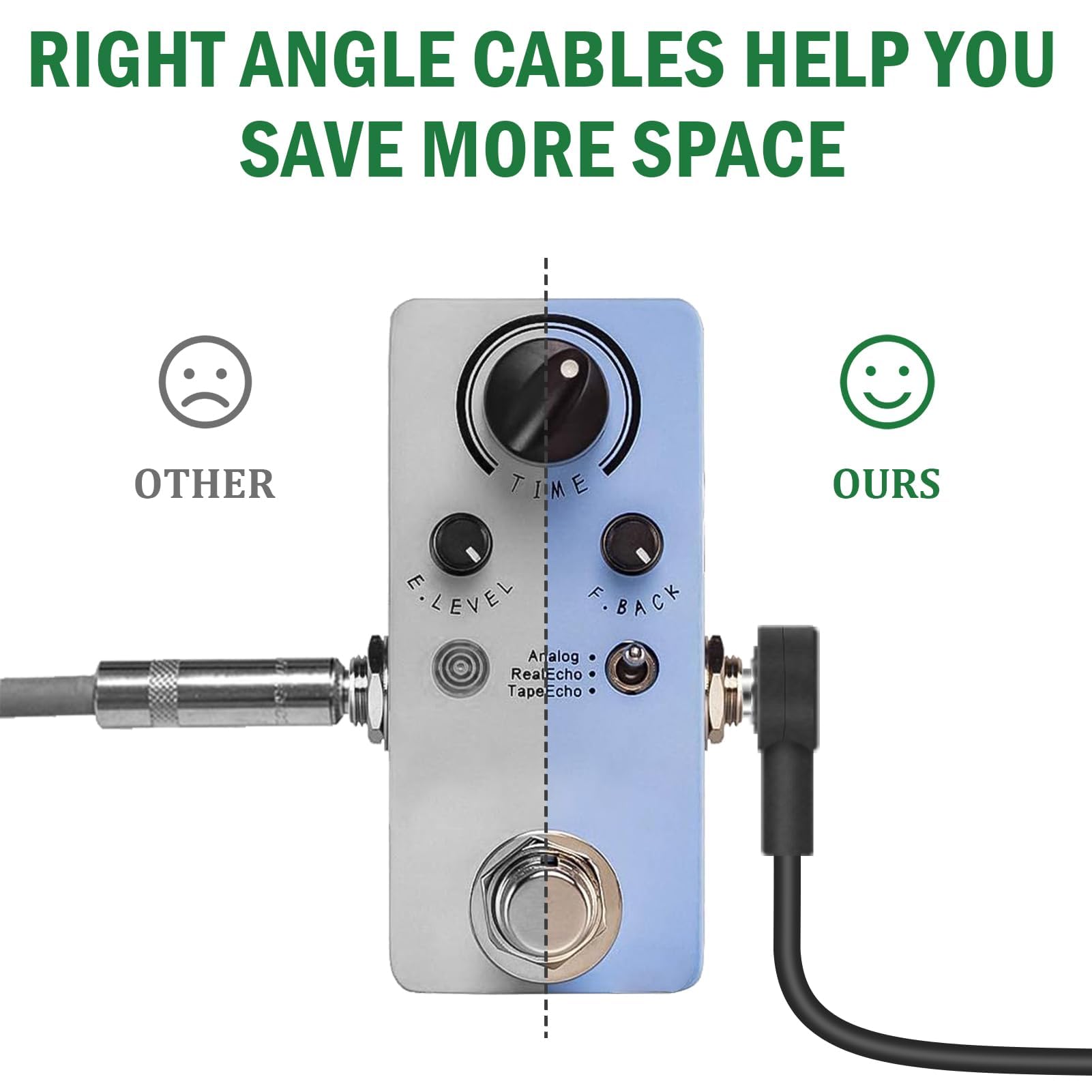 Cables de conexión planos de guitarra de 18 pulgadas, cable largo de pedal | Cables de conexión TS de perfil bajo de 0.25 pulgadas en ángulo recto para pedales de efectos de guitarra, color negro