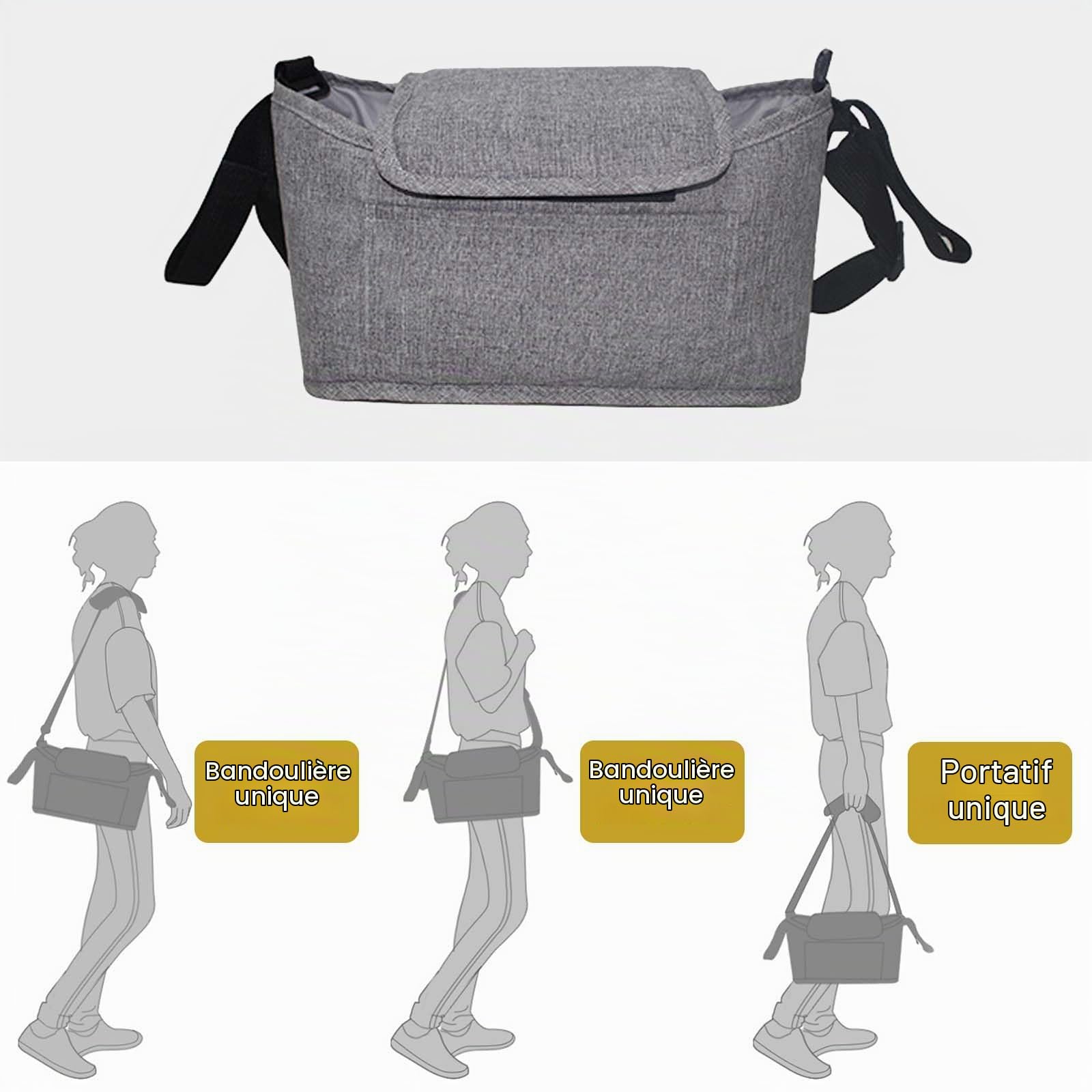 Universel Organisateur de Poussette et Landau, Sac de Rangement pour Poussette avec Sangle D'épaule, Porte-Gobelets Poche Grande Capacité pour Téléphone et pour Bébé Accessoire (Noir)