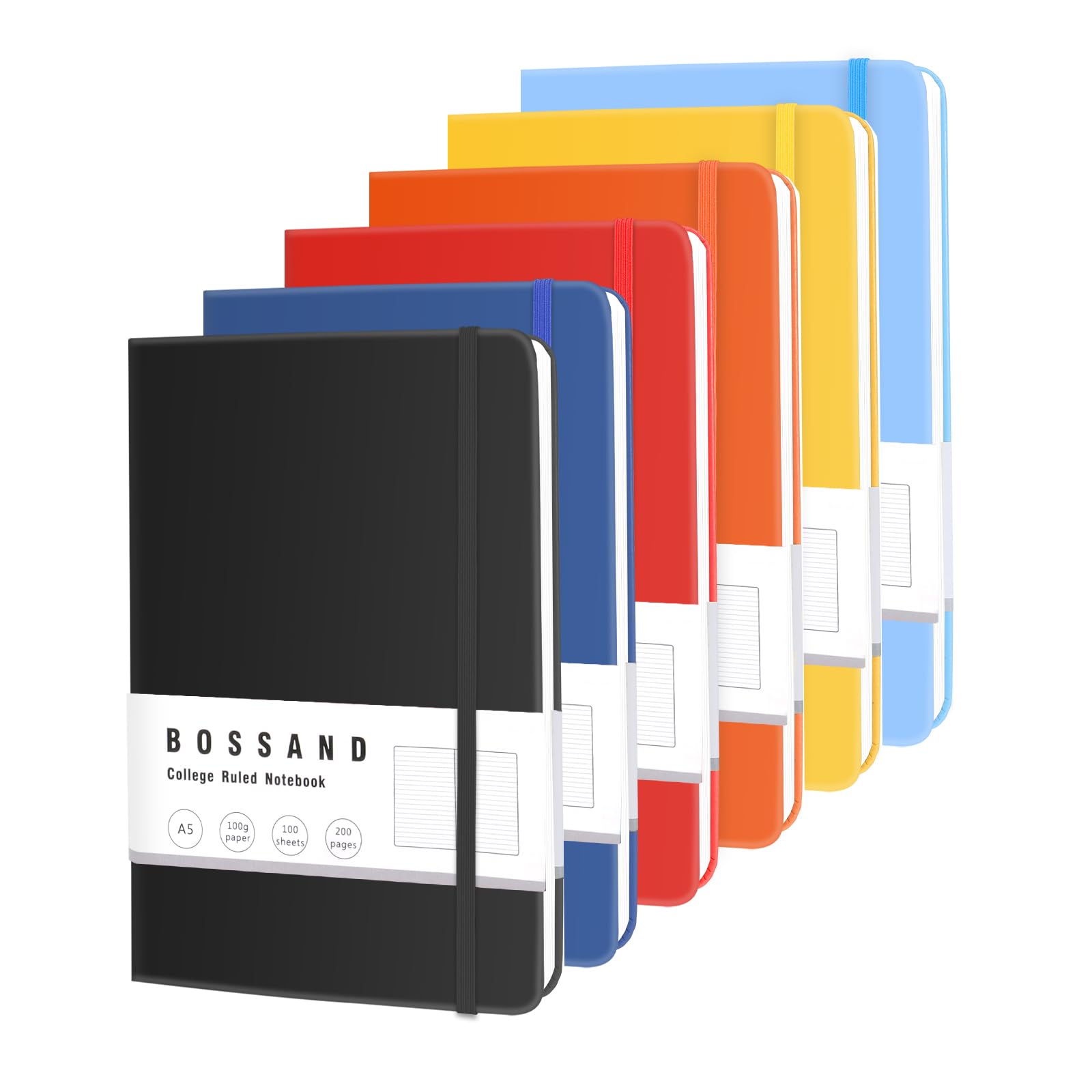 BOSSAND Quaderni a righe universitarie, confezione da 6 quaderni a righe A5, 200 pagine, carta spessa 100 g/m², copertina rigida, 21 x 14,6 cm, 6 colori
