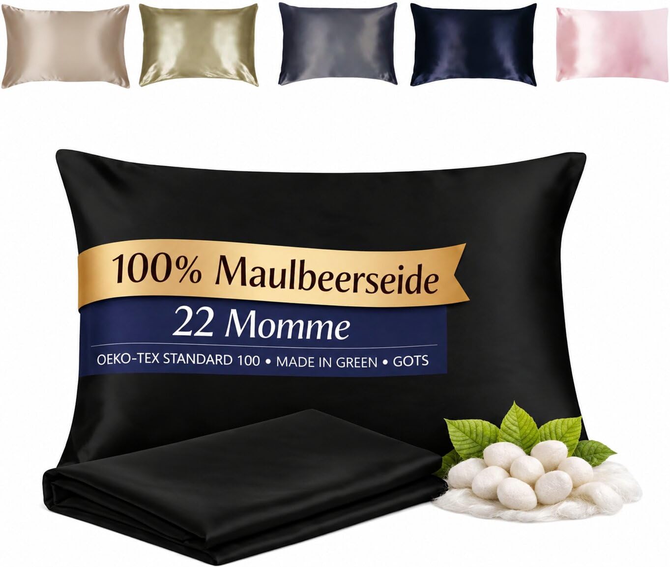 Zenpur Seiden Kissenbezug 50x70 cm Aus 100% Maulbeerseide 22 Momme Grad 6a, Für Schöne Haare Und Gepflegte Haut Gegen Frizz Und Gegen Falten Kissen Bezug GOTS & Oeko-tex Zertifiziert (Schwarz)