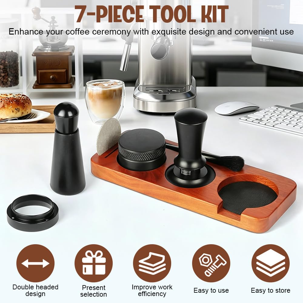 Set Accesorios Cafe 51mm, con Aguja de Espresso, Prensador de Café con Distribuidor, Anillo Dosificador de 51 mm, Agujas para Agitador de Café, Pantalla de Puck, Estación de Tamper, Cepillo de