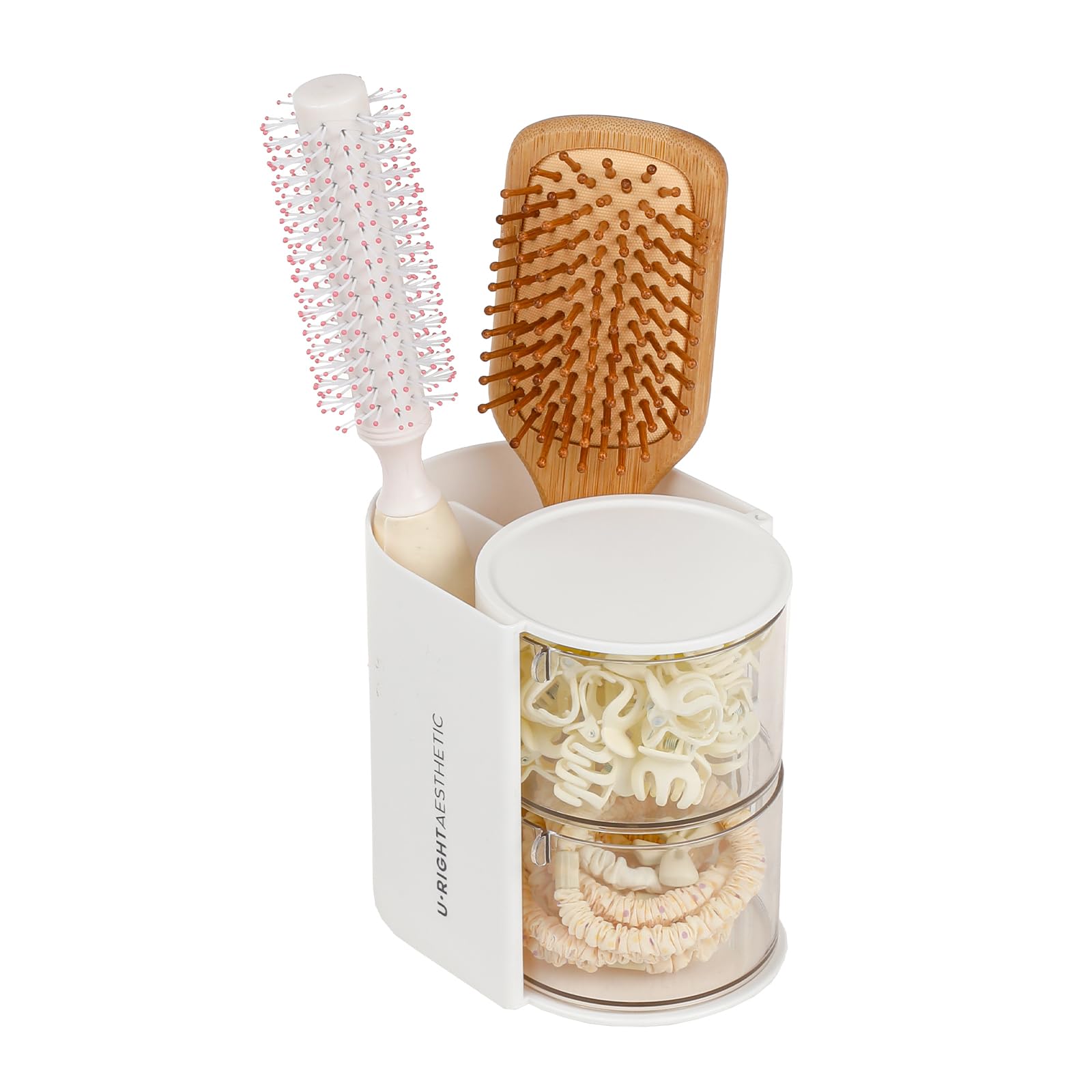 FABROK 2-Layer Clear Hair Accessories Organizer with Hair Brushes Holder, Rotatable Small Jewelry Box for Necklaces?Earring, Desktop Organizer Case for Makeup Brushes, Hair Accessories, Cotton Swab