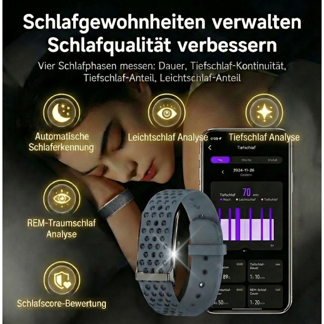 Smartband Fitness Tracker Premium (ohne Display) | Inkl. 2 Armbänder | Schrittzähler, Puls & Schlaf etc. | 20 Tage Akku, IP68 Wasserdicht | Damen & Herren | Android & iOS
