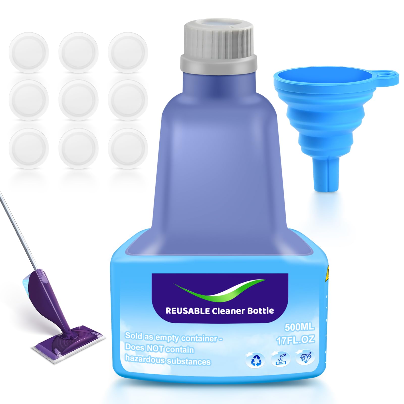 KTNAid 500ml Refillable Replacement Bottle for Flash® Power Spray Mop™ with 9 Sealing Pads and 1 Folding Funnel, 17 FL OZ Leak-Free HDPE Solution Bottle (Empty Only)
