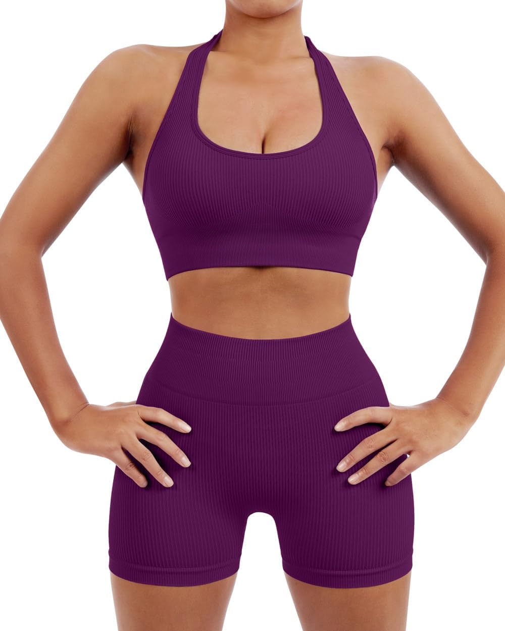 SUUKSESS Women Seamless Ribbed Workout Set Backless Sports Bra Booty Biker Short