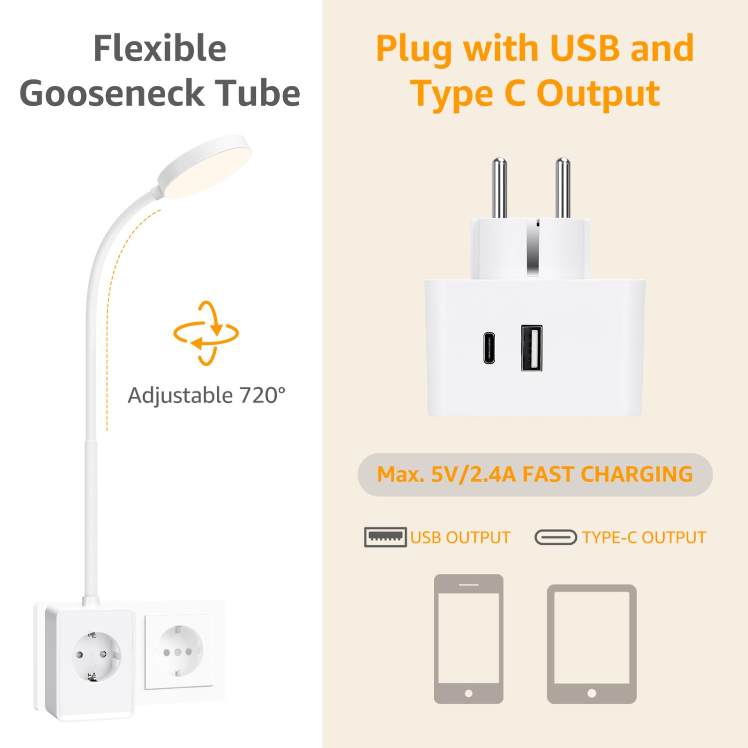 Aigostar LED Wandleuchte mit Stecker und Steckdose, Schlafzimmer Steckdosenlampe Touch-Dimmer, 3 Lichtfarben, Leselampe mitTyp C/USB Ladeanschluss, 360° flexibler Hals, Weiß
