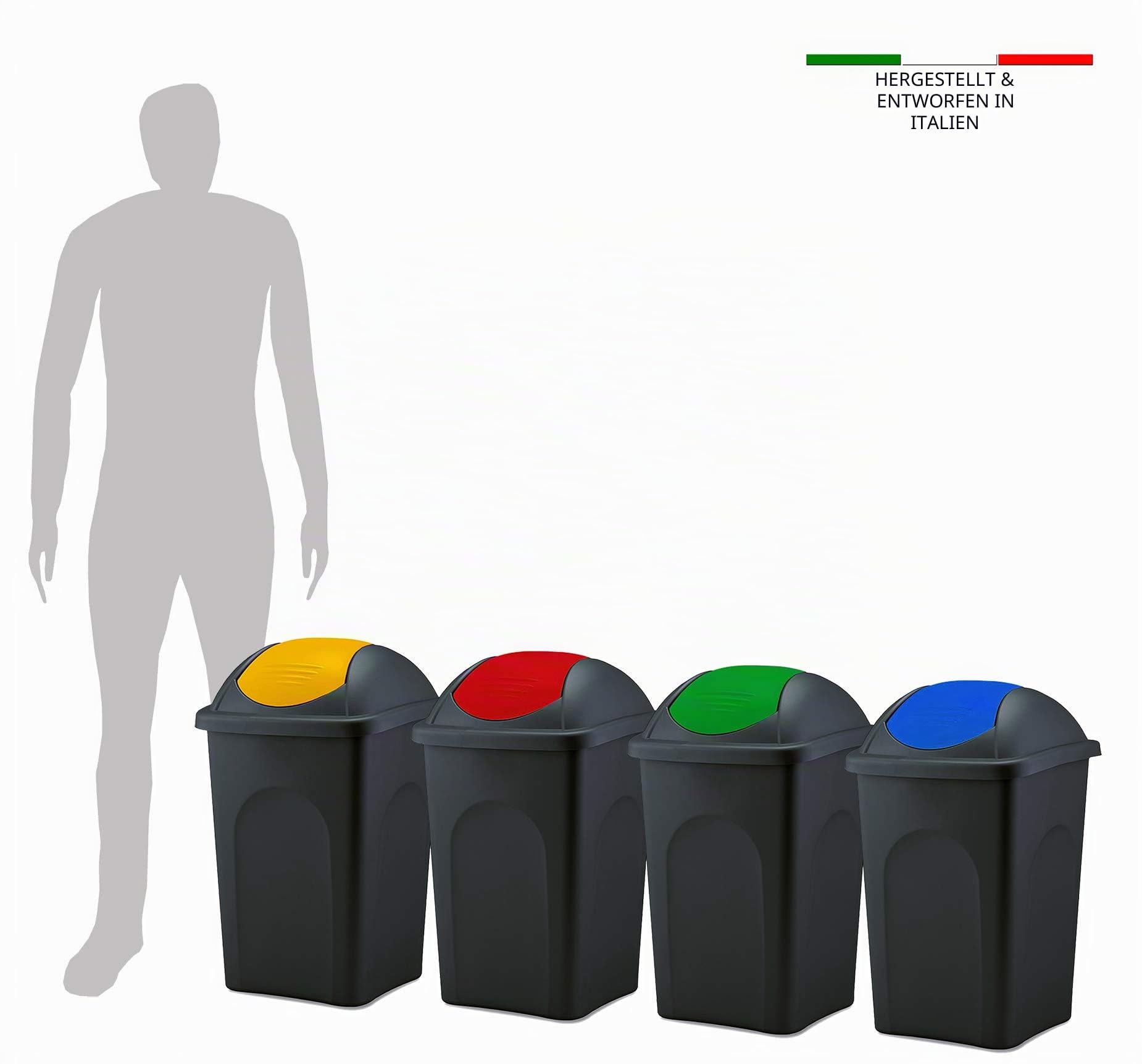 BigDean 3x Mülleimer groß 60L mit Schwingdeckel schwarz gelb, grün, blau