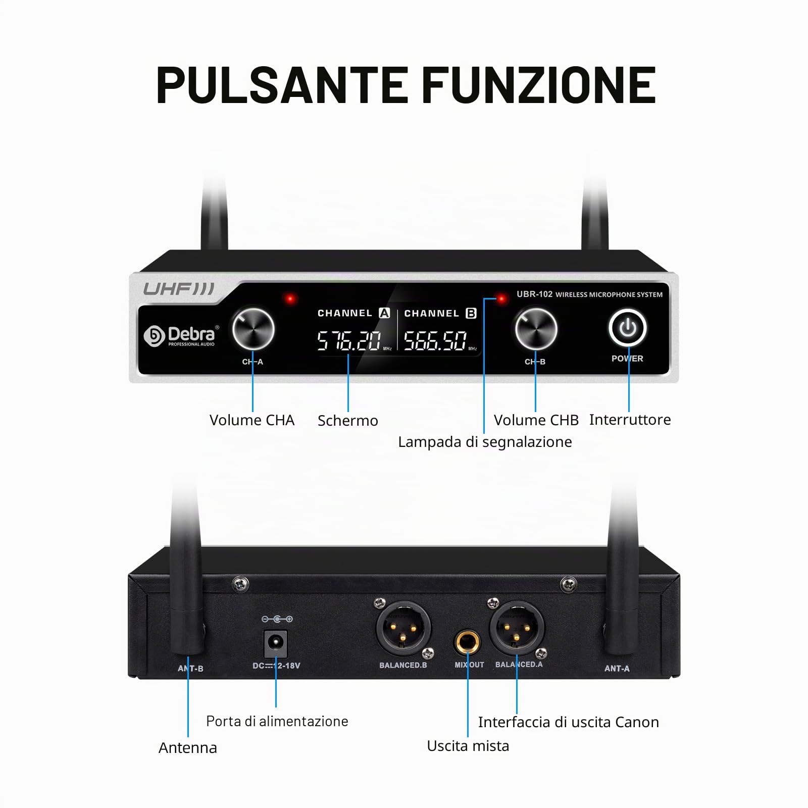 D Debra UHF UBR-102 microfono senza fili con doppio microfono cordless portatile, portata 80m, anti-rumore, per chiesa, riunioni, karaoke, matrimoni (2 microfono portatile)
