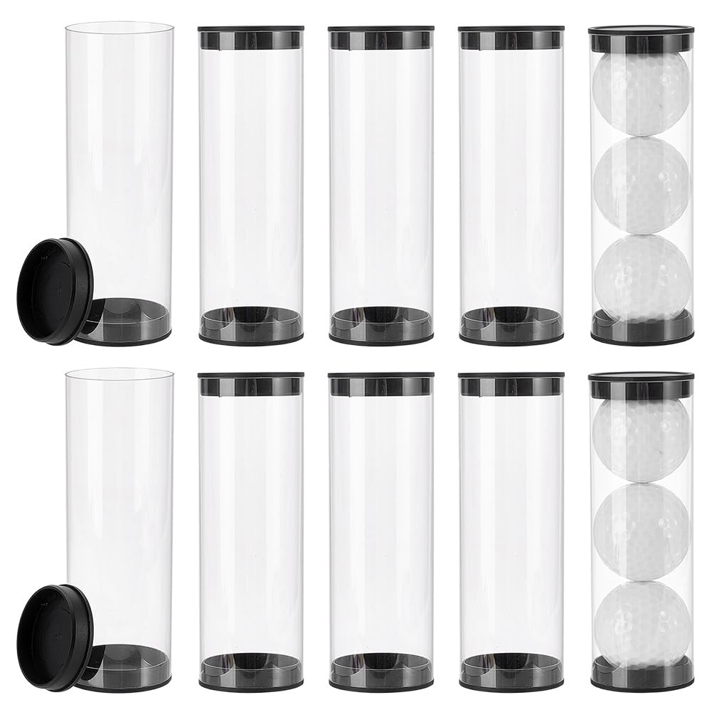 DELORIGIN 10pcs Clear Golf Ball Tube PVC Golf Ball Storage Holder Container Box with Black Caps for Sports Memorabilia Display Home Decorative Shop Organization Practice Outdoor Travel