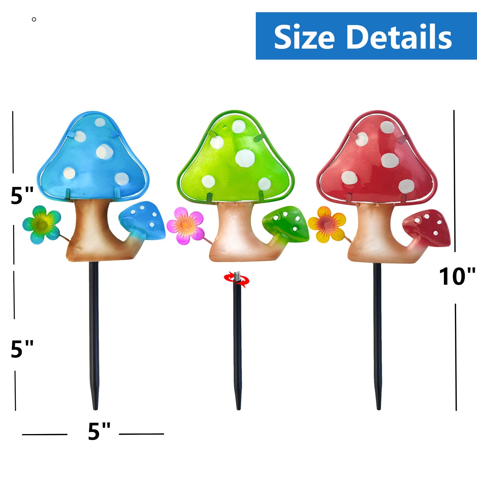 Mushroom Garden Stakes Set of 3 Metal Glass 10" Outdoor Yard Lawn Decor view 2