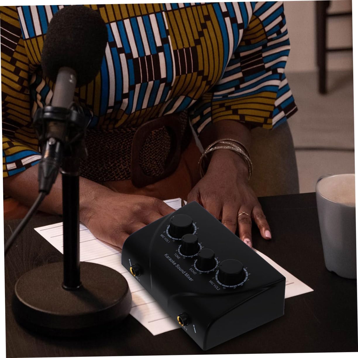 Mezclador de Audio Profesional y Cable Incluido para Karaoke Volumen Ajustable con Doble Entrada de Micrófono Negro para Uso en Escenarios y Salas Ktv
