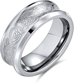 Personalize Black Silver Tone Couples Concave Celtic Knot Viking Dragon Wedding Band Rings for Men Women Titanium Comfort Fit 8MM Customizable