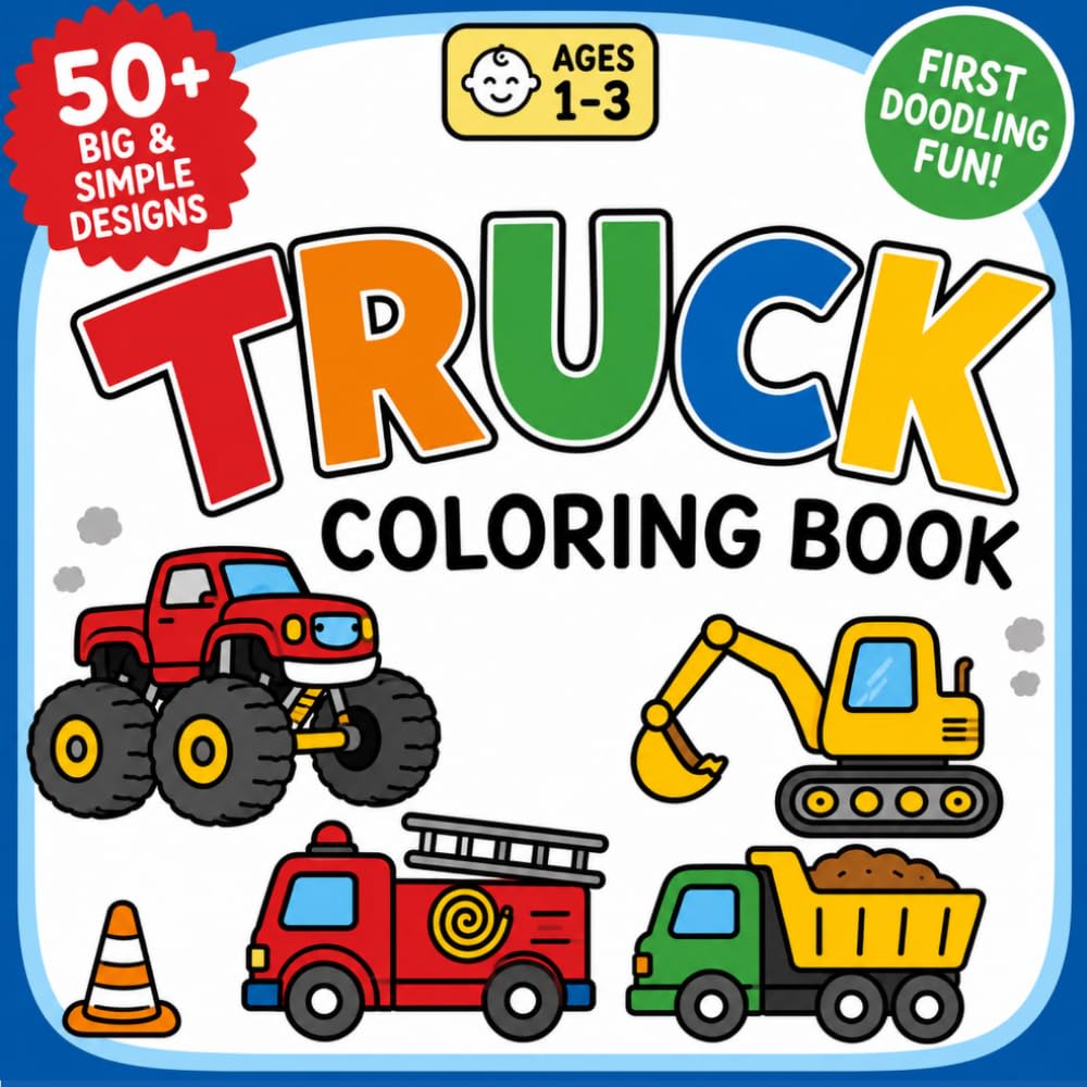 Truck Coloring Book Ages 1-3: First Doodling Fun with 50 Big and Simple Monster Trucks, Diggers, Fire Trucks, Dump Trucks and Construction Vehicles for Toddlers