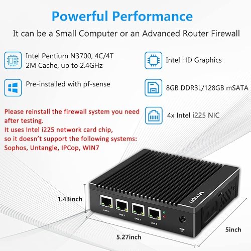 Miniatura 3 de Micro Firewall Appliance Mini PC N3700 Quad Core, 4xIntel 2.5GbE i225i226 Intel 4 puertos Dual HD, 8GB DDR3 128GB mSATA SSD Soporte AES NI Red