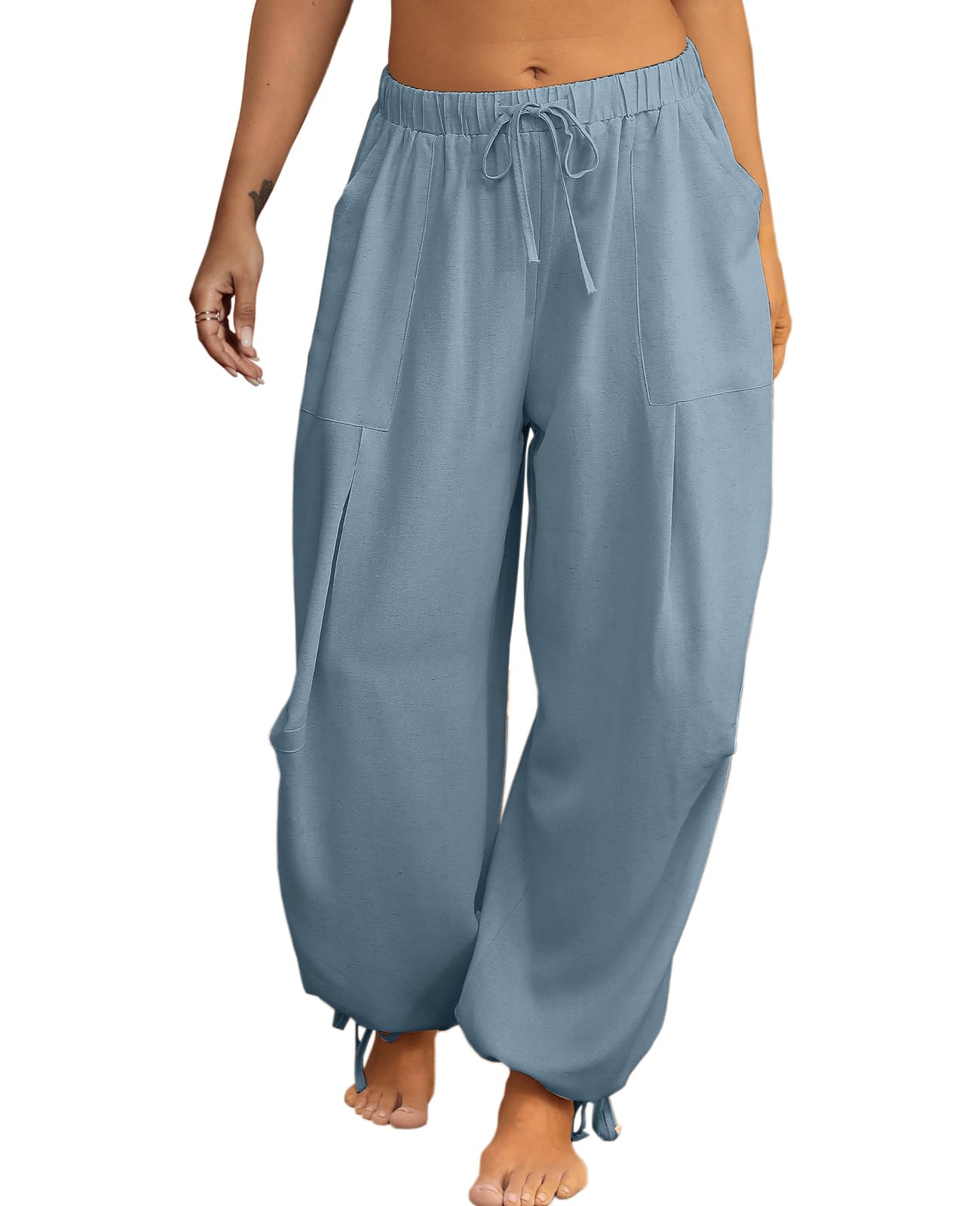 TITOMD Women Linen Harem Pants Summer Drawstring Casual Lounge Baggy Pant Beach Travel Vacation Trousers with Pockets