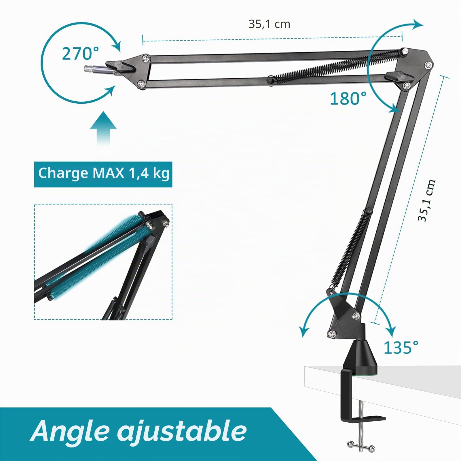 YOUSHARES HyperX Quadcast Perche de Microphone, Réglable Pied de Quadcast Support de Suspension à Ciseaux Micro, Support de Microphone avec Pince de Bureau Fixation & Montage Mural
