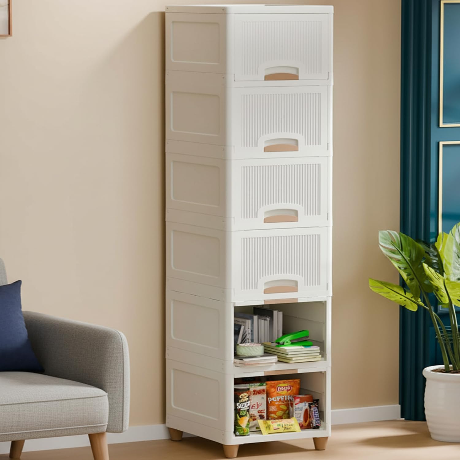 JD FRESH 6 Tier Foldable Clothes Organizer/Modular Kitchen Storage Rack/Multipurpose Wardrobe for Cloth/Space Saving Closet for Living Room/Stackable Cabinet/Cupboard for Bedroom(White)