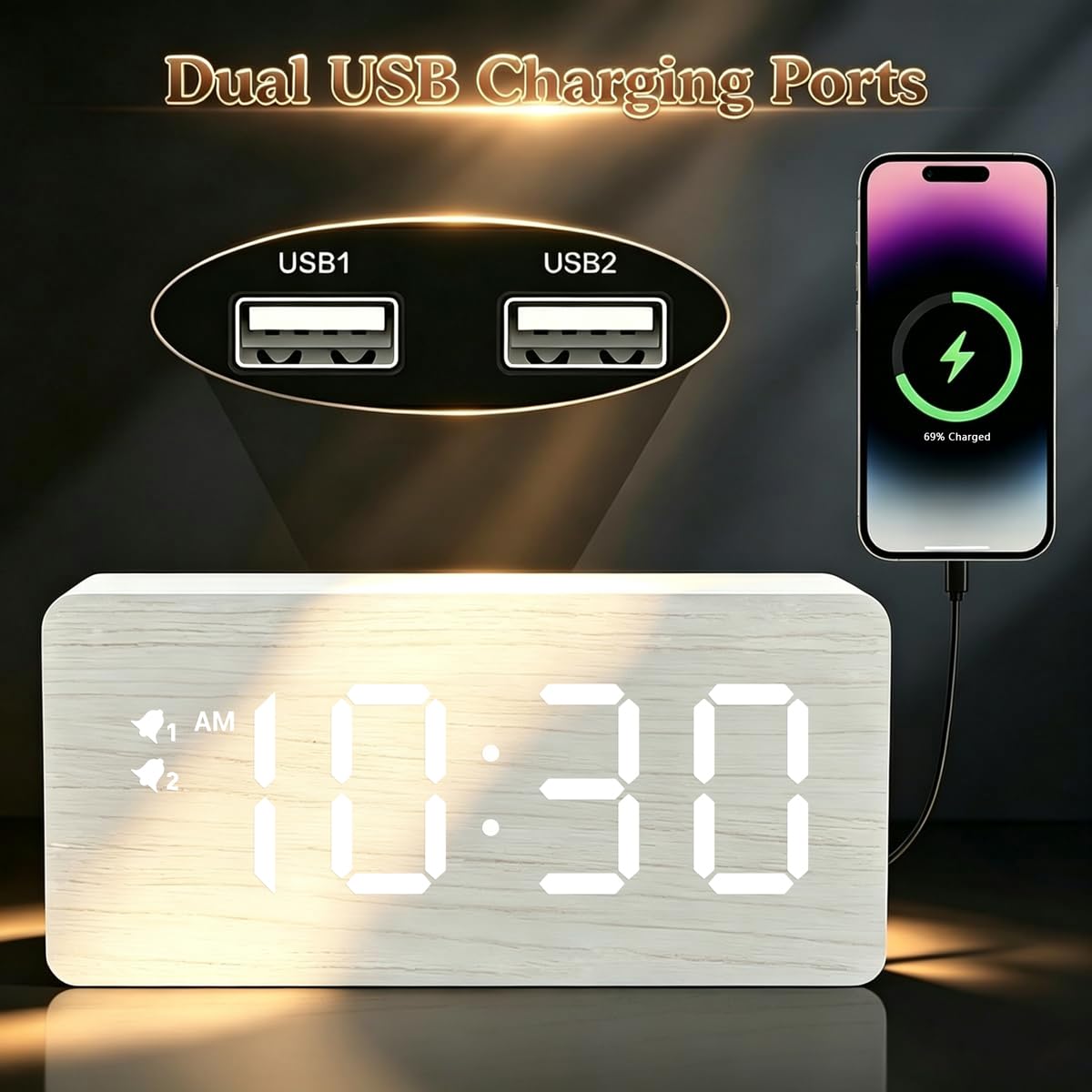 URAYCO Reloj despertador digital de madera, estación de carga inalámbrica rápida de 10 W y 2 puertos de carga USB, con regulador de 0 ~ 99%, alarma dual, modo de día de semana/fin de semana, reloj LED