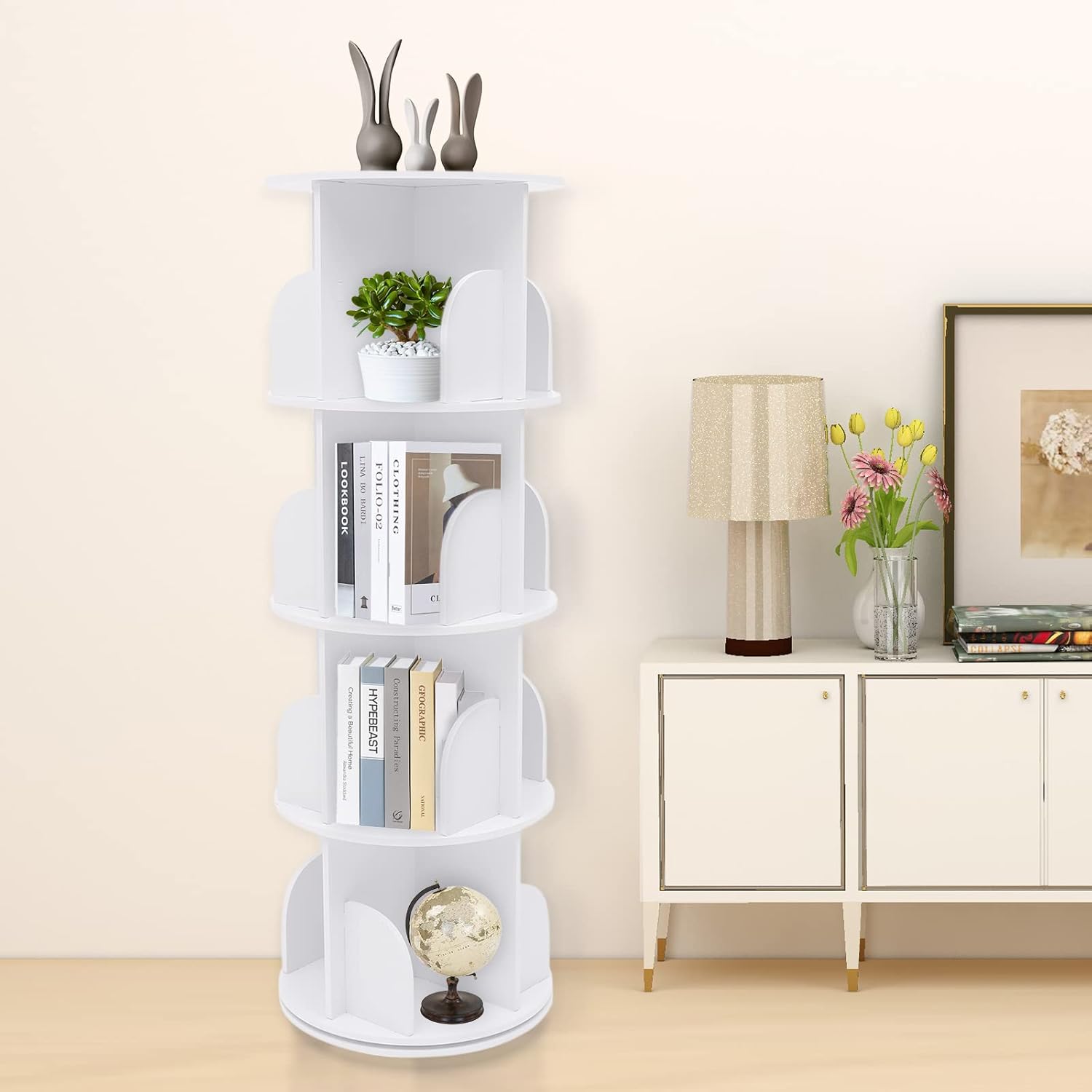 Buy Rotating Bookshelf 4 Tier Nordic Style White Bookcase 220 lbs