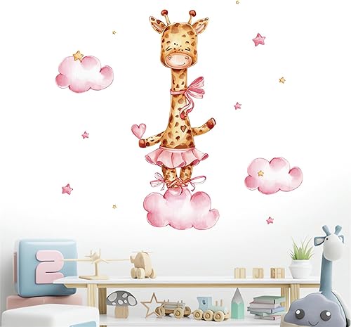 Calcomanías de pared con diseño de jirafa rosa para bebé, diseño de amor de nube, dibujos animados, animales, vinilo extraíble, despegar y pegar