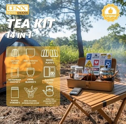 طقم شاي متخصص (14 قطعة) لتحضير الشاي الكامل - DX4206، كيس بني مع ملحقات صنع الشاي