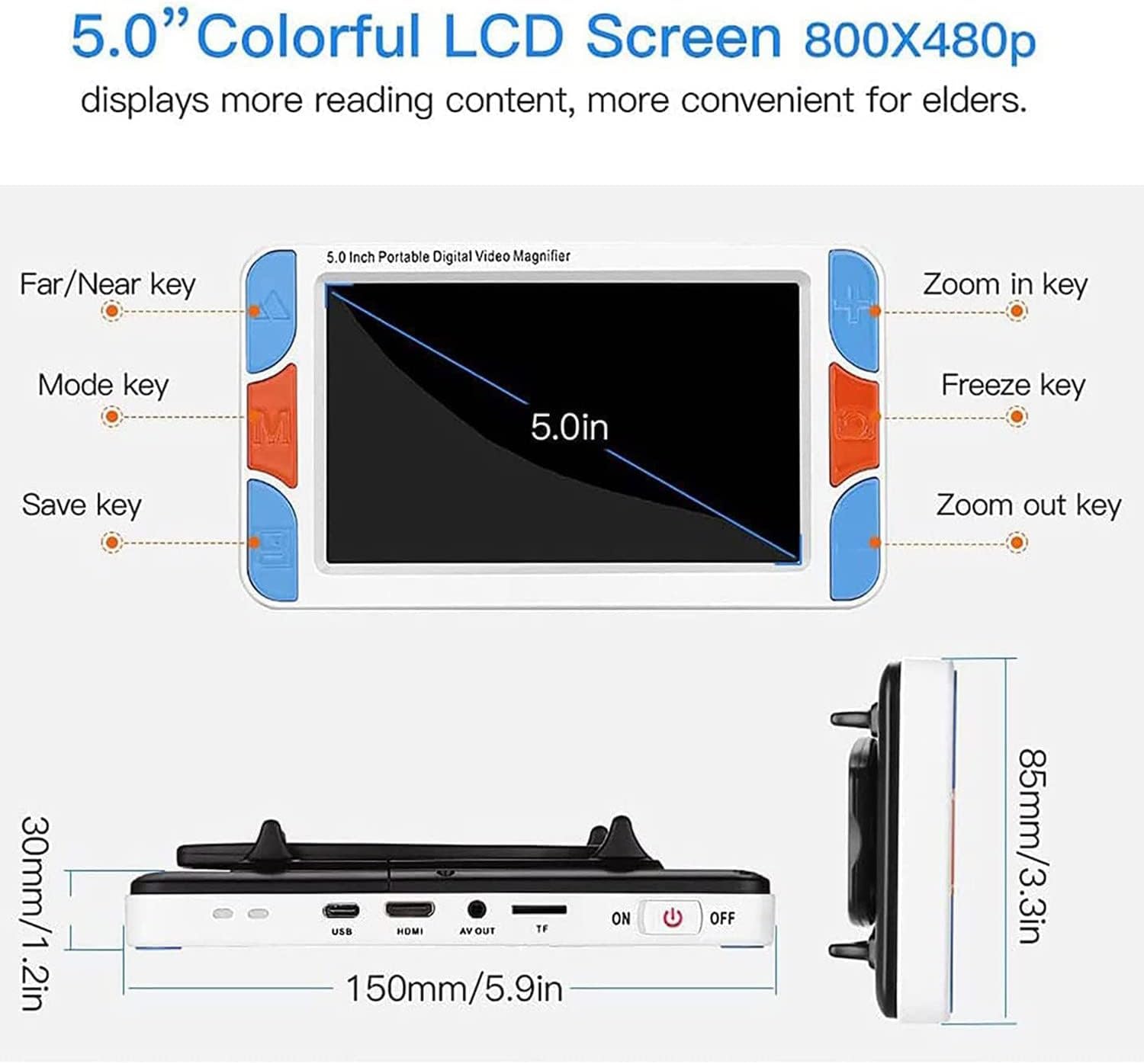 Loupe Numérique Vidéo Portable Portable Aide à La Lecture électronique Visuelle Mobile pour Basse Vision 5.0 Ih Écran 3x-48x Fois Zoom 26 Modes De Couleur, Sortie Hdmi Et AV