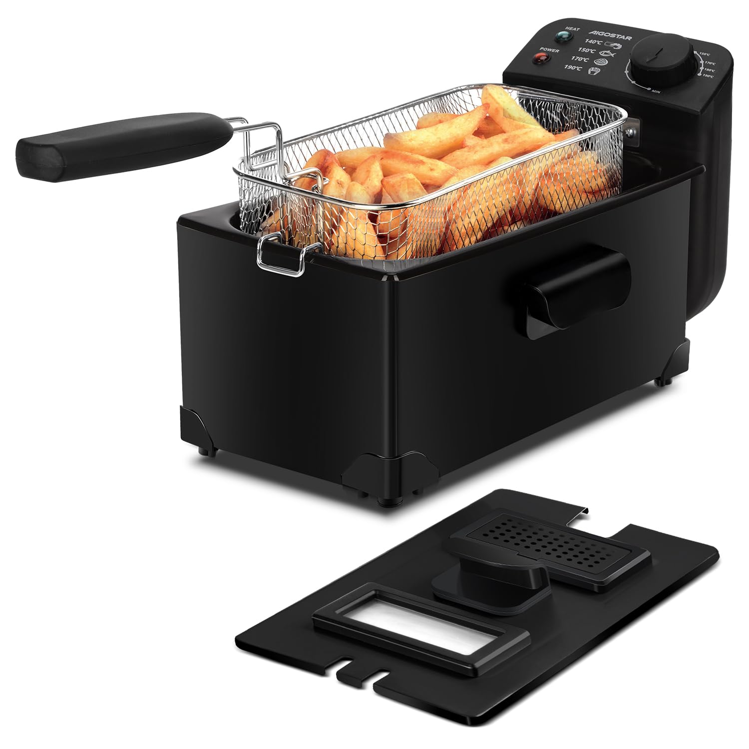 Aigostar Slater - Fritteuse mit öl-3L, 2200 W friteuse mit fett Staubschutzdeckel inkl. Sichtfenster, stufenloser Temperaturregler bis 190°C, Abnehmbare Teile, Einfach zu Reinigen, knusprige Pommes