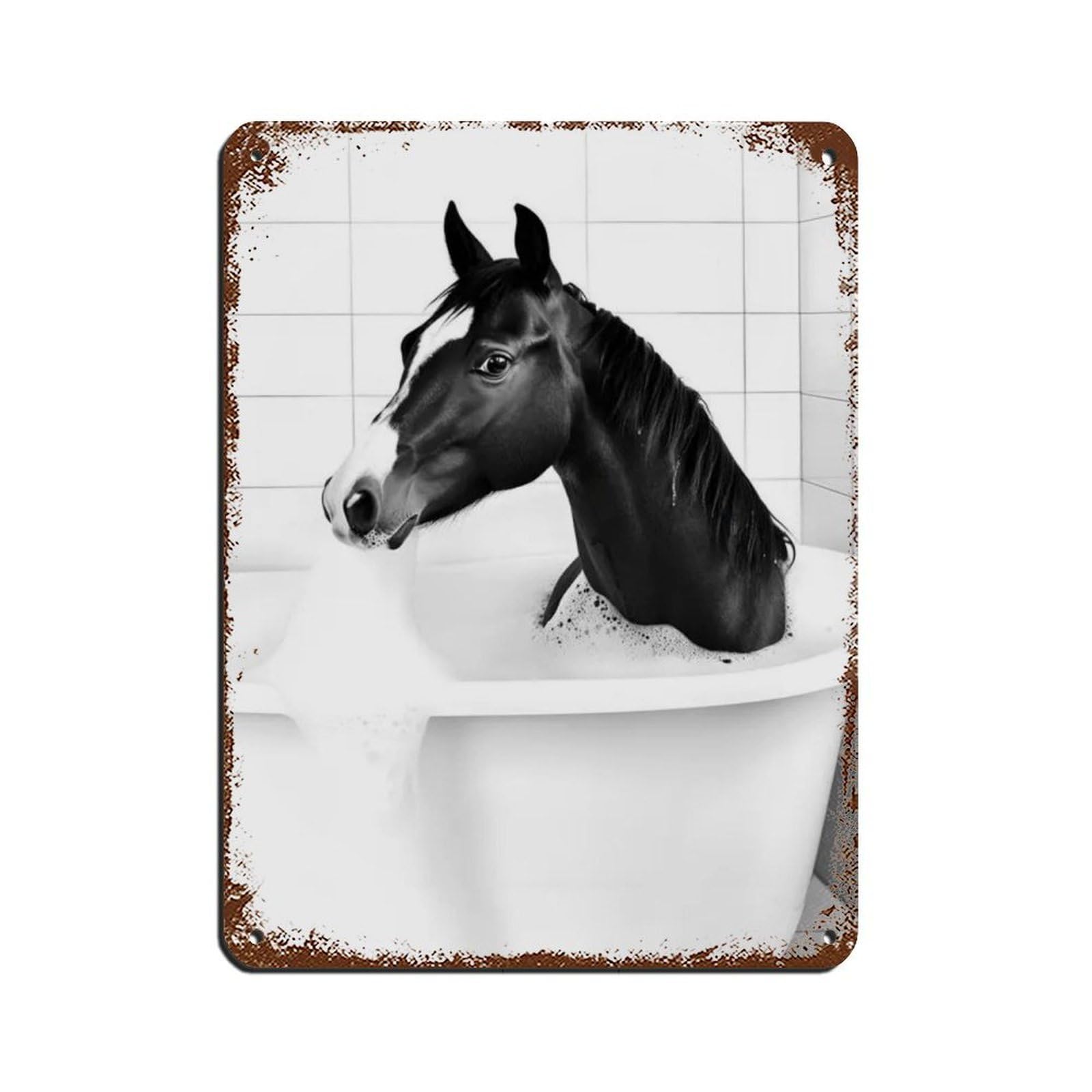 Horse in The Bathtub, Cute Bathroom Art Tin Sign Vintage Metal Pub Club Cafe Bar Home Wall Art Decoration Poster Retro 12x16inch(30x40cm)