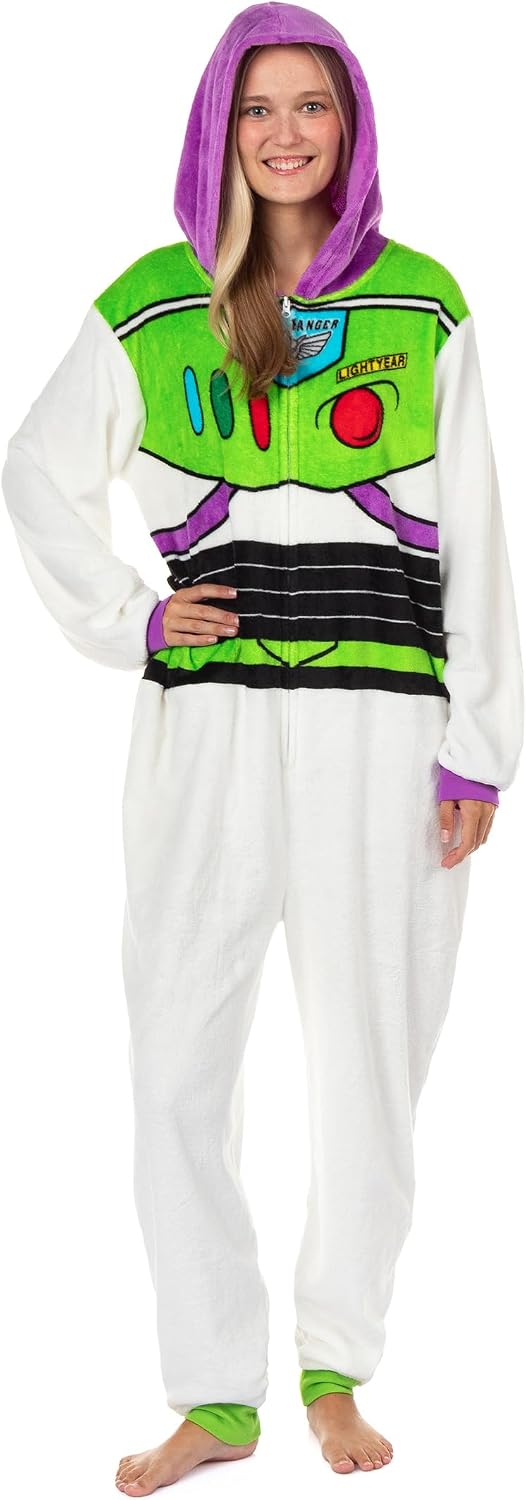 Disney Toy Story Adult Buzz Lightyear Hooded One Piece Costume Fleece Pajama Union Suit For Men and Women