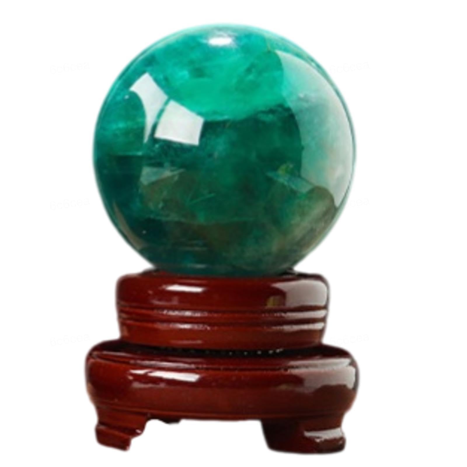 FOPURE Gem Green Quartz Crystal Ball Fluorite Gemstone Sphere with Decorative Wooden Stand for,Home Decoration,90mm