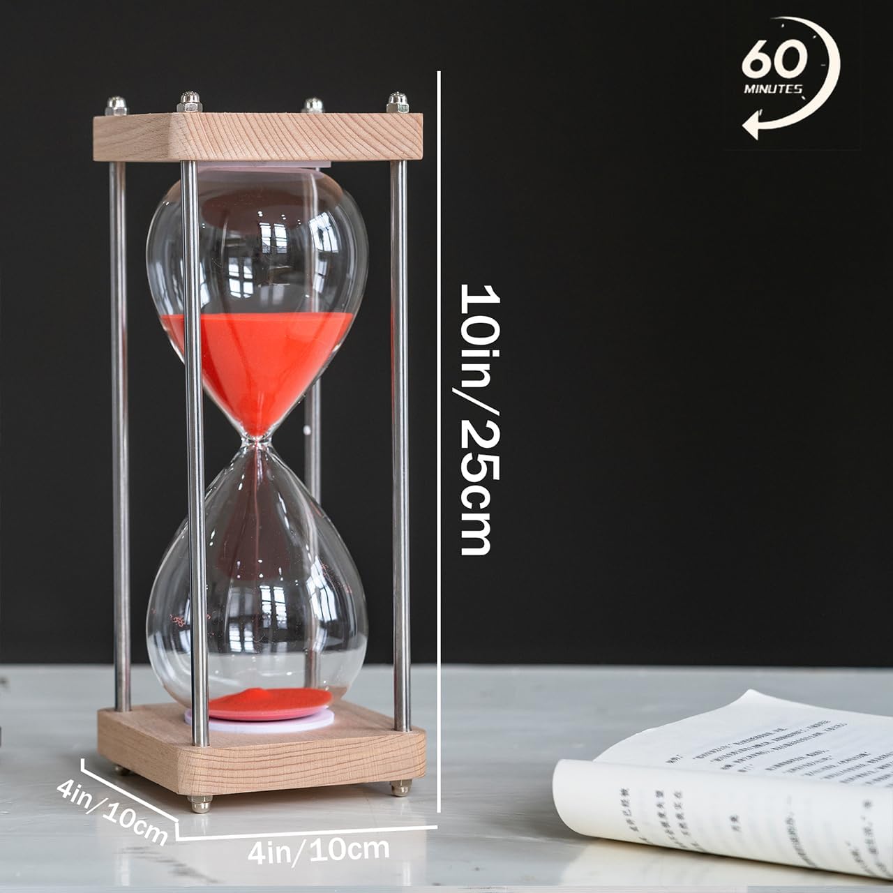 Large 60 Minute Hourglass, with Transparent Glass & Natural Oak Wood Base, Modern Minimalist Office Home Desktop Decor (Red)