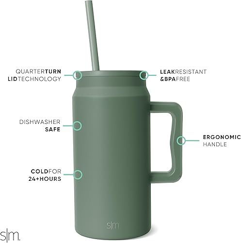 Miniatura 20 de Simple Modern Vaso de 50 onzas con asa y tapa con popote, botella de agua grande reutilizable aislada de acero inoxidable, regalos para mujeres