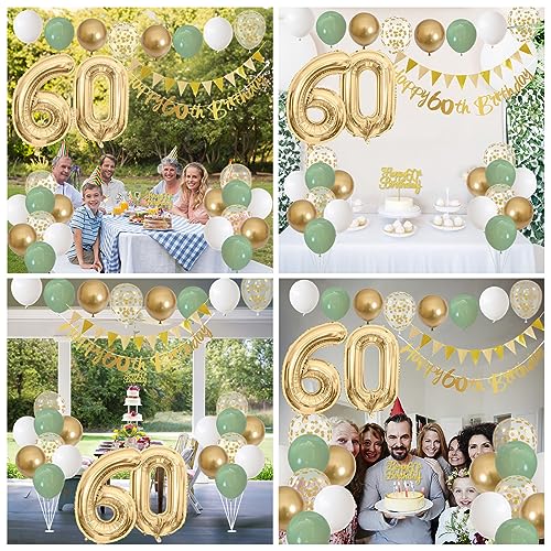 Image of 60th Birthday Decorations for Men Women, Sage Green White Gold Balloons With Happy 60th Banner, Cake Topper, Number 60 Foil Balloon for 60 Year Old Party Decoration